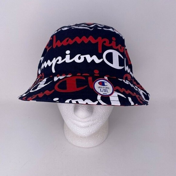 Champion Logo Script Bucket Hat L/XL Blue All Over Print Spellout‎ Beach - Picture 1 of 8